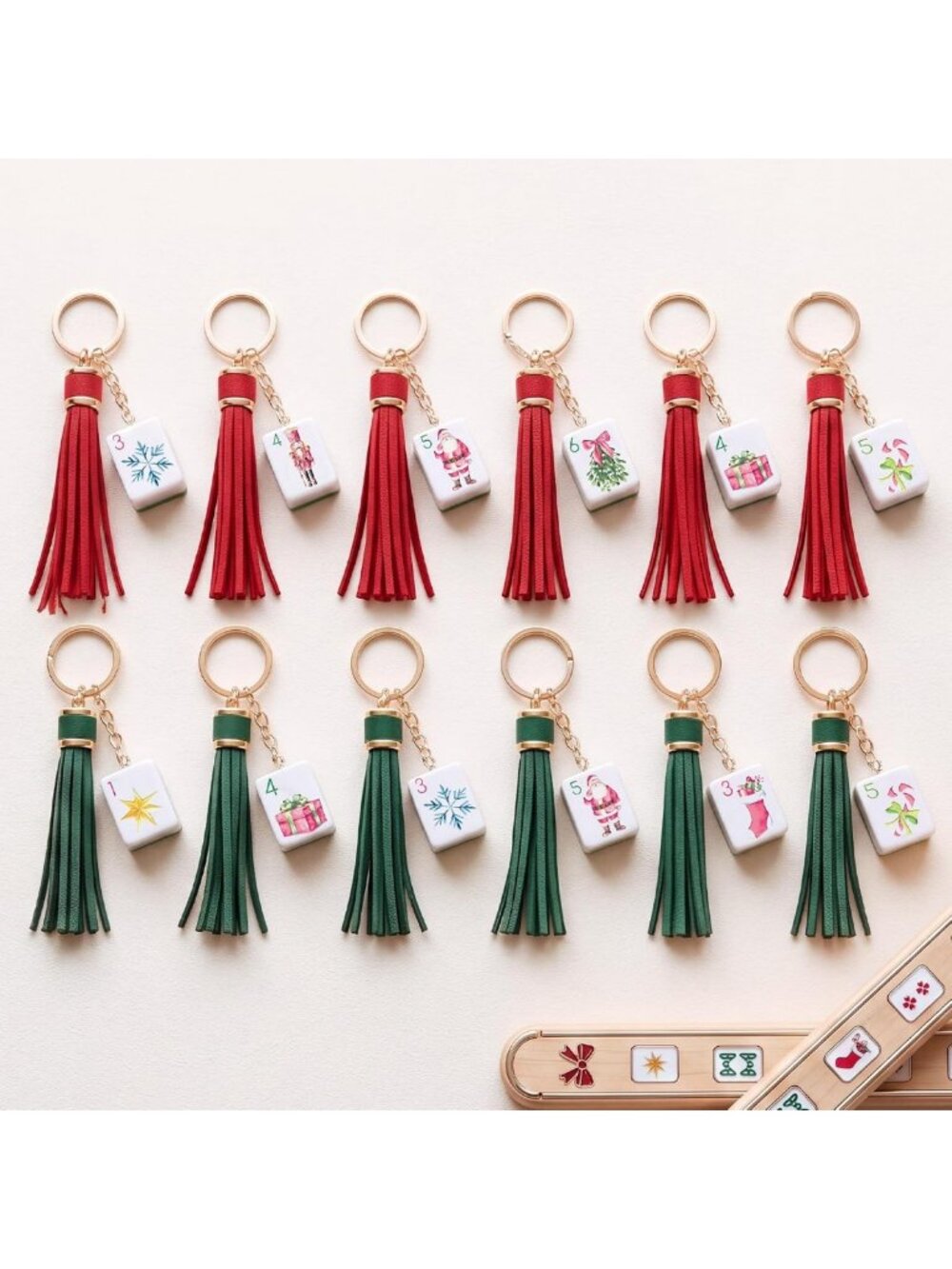 12 Pcs Mahjong Keychain Set with Tassel - Festive Holiday Gift & Accessory